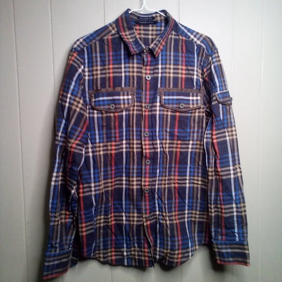 Sean John Button Up Shirt M Tailored Fit Long Sleeve Pockets Plaid - Picture 1 of 10